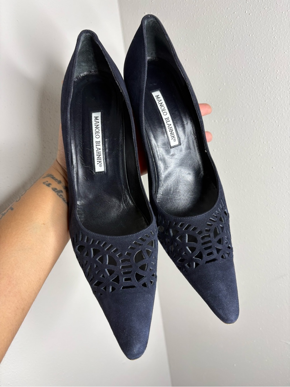 Manolo Blahnik Navy Suede Laser-Cut Pointed Pumps